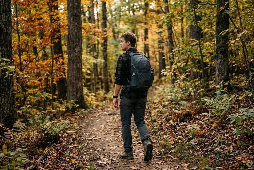 Illustrative autumn woodland scene with a person wearing a gray daypack.