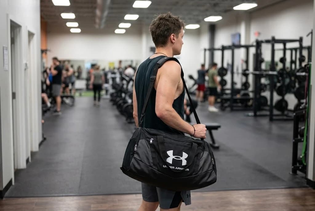 Illustrative gym scene with a person carrying the black/silver Under Armour Undeniable 5.0 Small duffel.