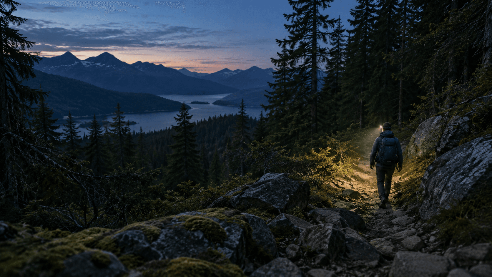 Illustrative scene of a hiker using a headlamp on a mountain trail at dusk