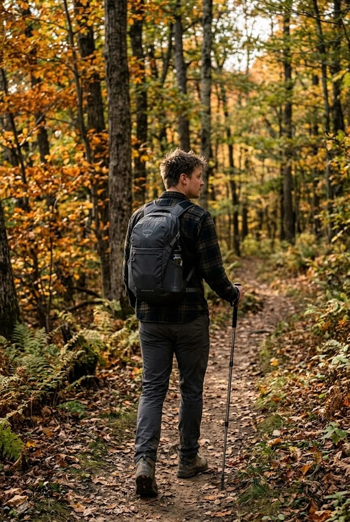 Illustrative autumn woodland scene with a person wearing a gray daypack and holding trekking poles.