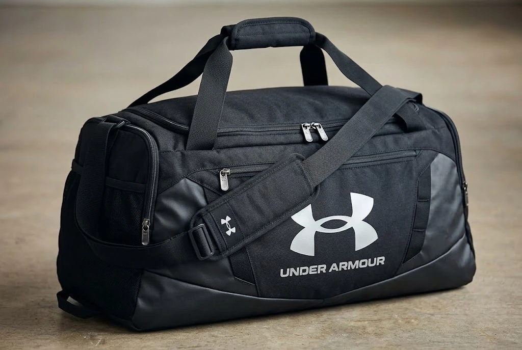 Black/silver Under Armour Undeniable 5.0 Small duffel, showing its handles, shoulder strap and front compartment.