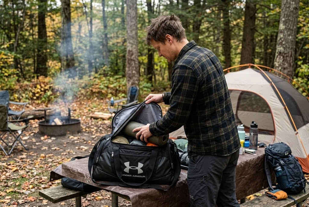 Illustrative campsite scene showing the black/silver duffel being packed; this is not a field-test photograph.