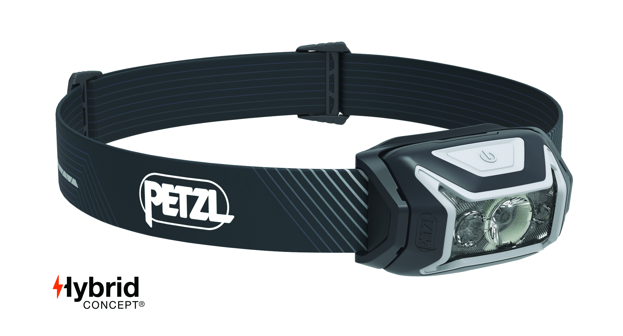 Petzl press photograph of an earlier black ACTIK CORE headlamp with its band and lamp visible